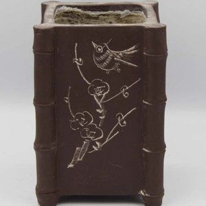 Antique Chinese Yixing Zisha Birds with Prunus Blossom Bamboo Square Vase signed
